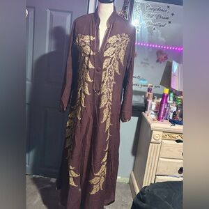 Embroidered Brown Kaftan Maxi Dress with Gold Detailing